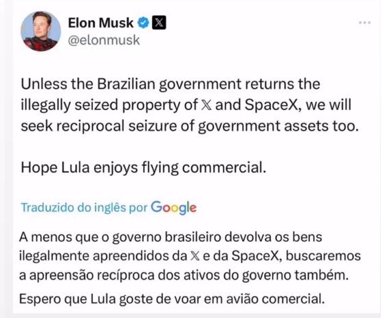 Elon Musk ameaça apreender bens do Governo Lula em retaliação ao bloqueio do X pelo STF